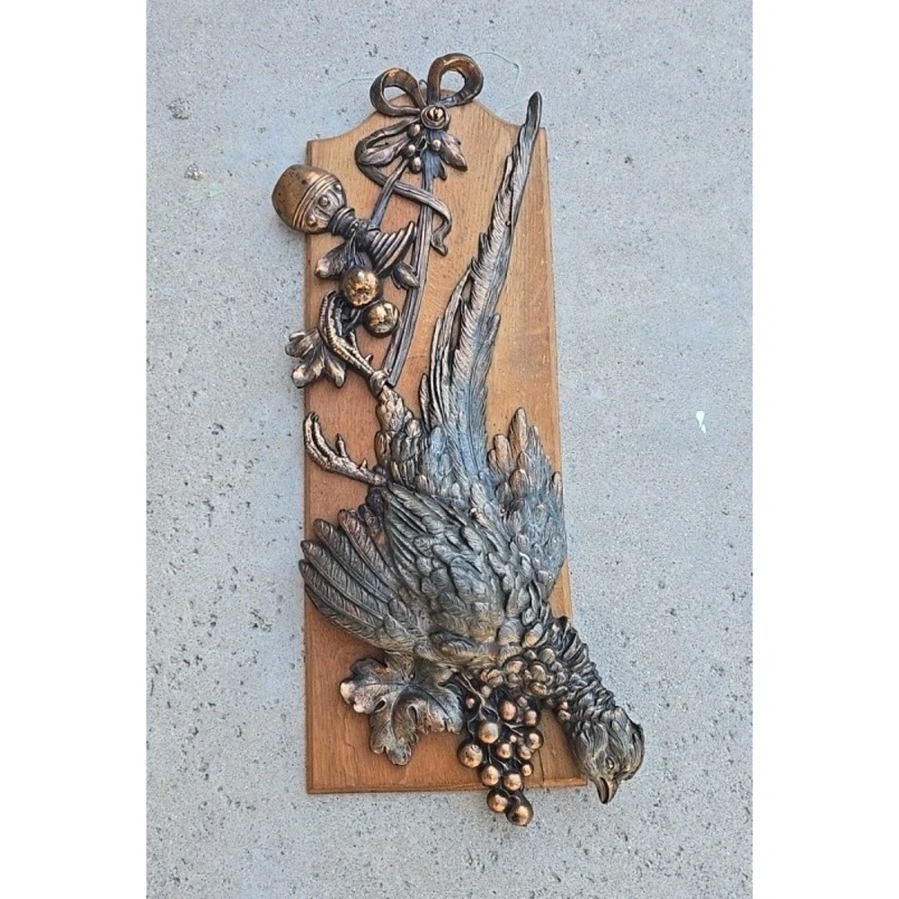 Vtg German cast metal still life hunting pheasant wall decor wood cabin core